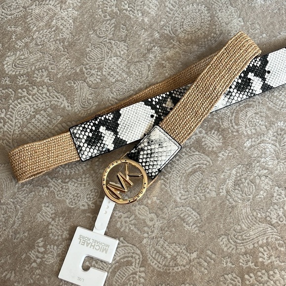Brand New Michael Kors Black & White Snakeskin Woven Stretch Belt Gold Tone Logo main image 9